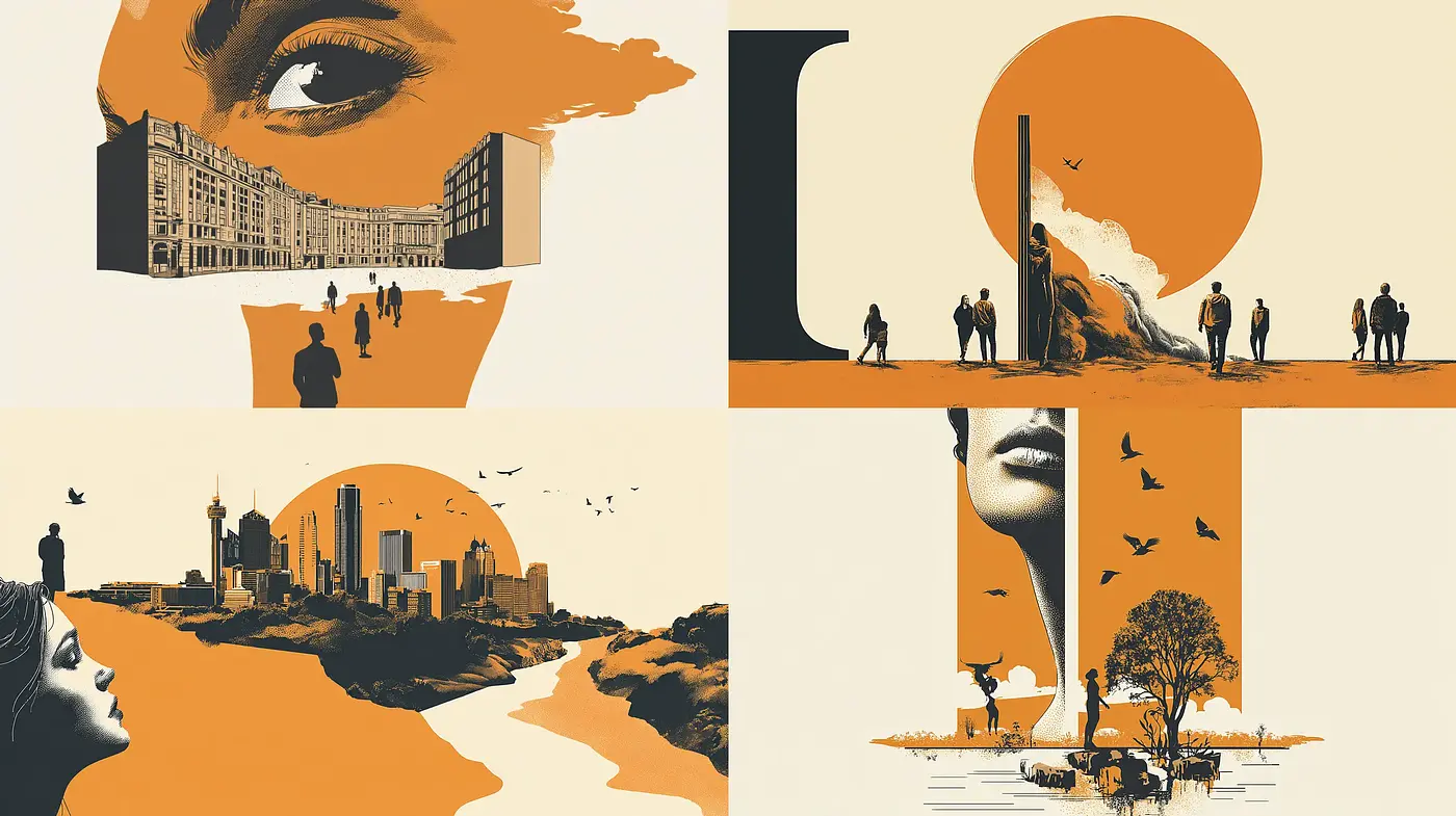 Contrasting Urban and Natural Landscapes with a Retro Futuristic Vibe - Midjourney sref style