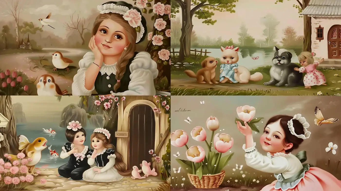 Idyllic Pastoral Scenes with a Romanticized Vintage Touch - Midjourney sref style