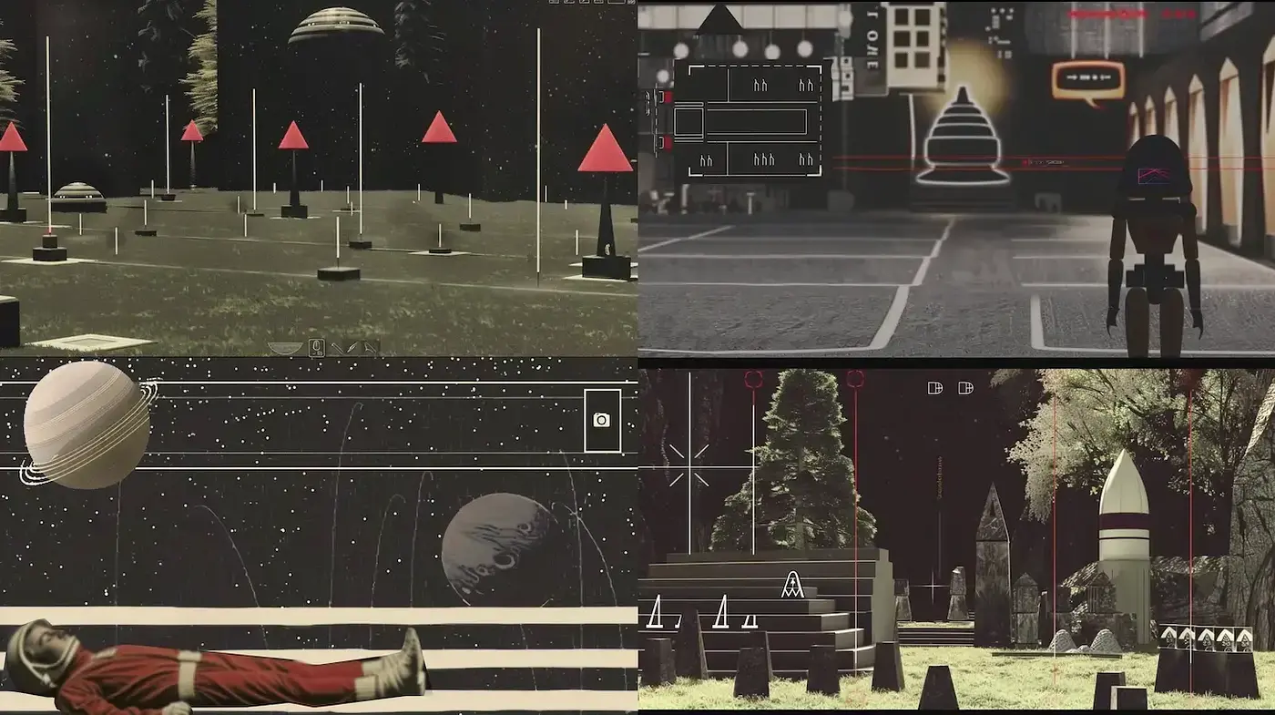 Futuristic Minimalism with Retro Aesthetic Influences in Colorful Cosmic Landscapes - Midjourney sref style