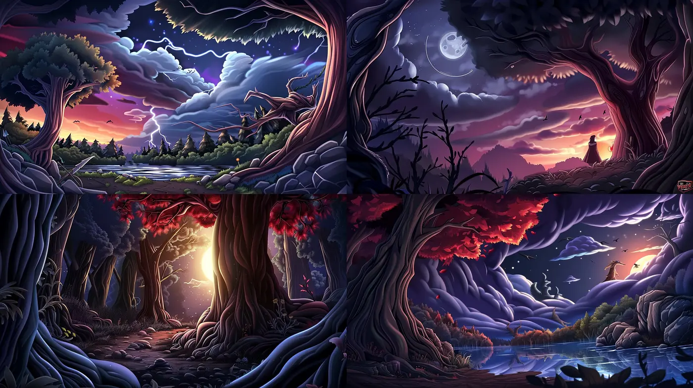 Whimsical Nocturnal Tapestry: An Enchanting Fusion of Digital Artistry and Nature's Nightscapes - Midjourney sref style
