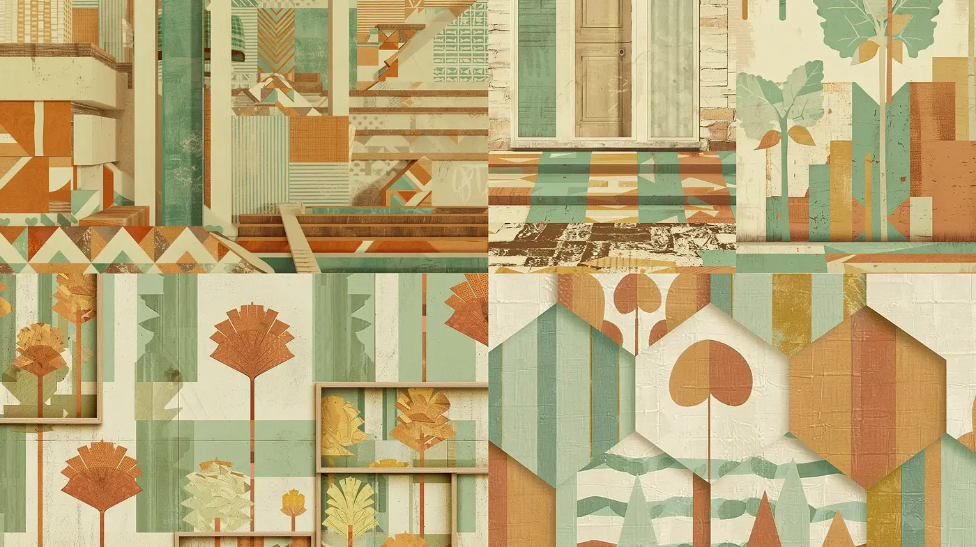 Modernist Patchwork: A Nostalgic Fusion of Geometric Shapes and Earthy Tones - Midjourney sref style