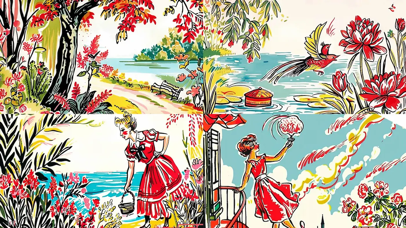 Vibrant Retro Illustrations with a Playful Nature Theme - Midjourney sref style