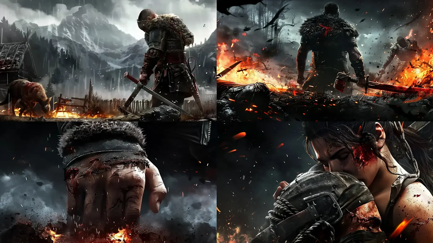 Gritty Narrative of Survival Amidst Dark and Fiery Chaos - Midjourney sref style