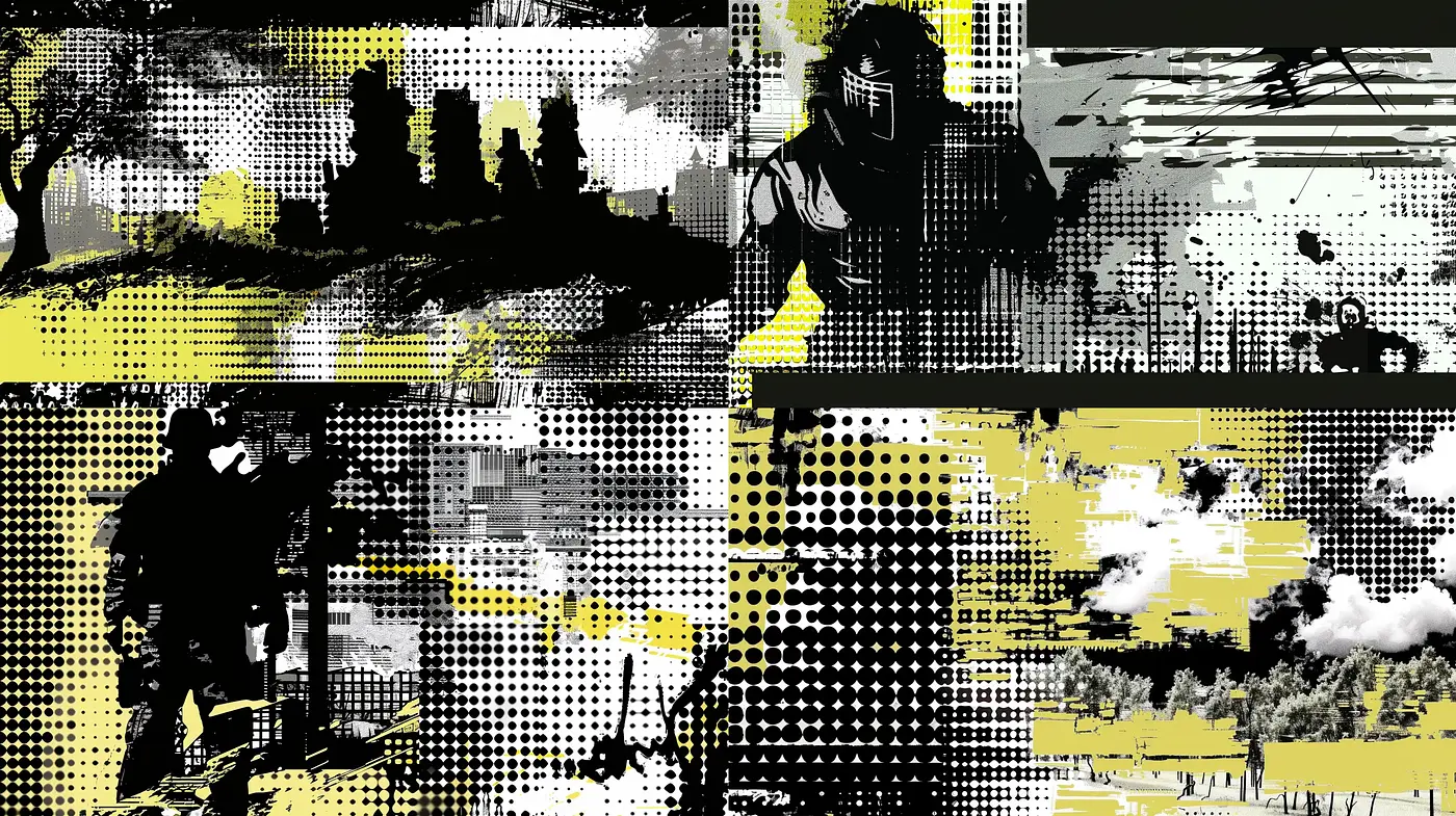 Monochrome Mosaic and Halftone Ensemble - Midjourney sref style