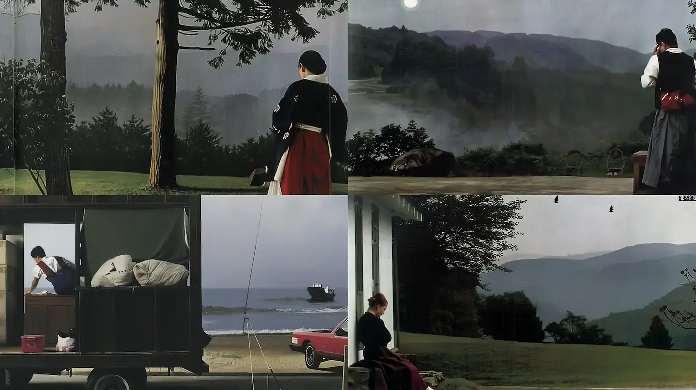 Contemporary serene landscapes with a hint of cultural storytelling - Midjourney sref style