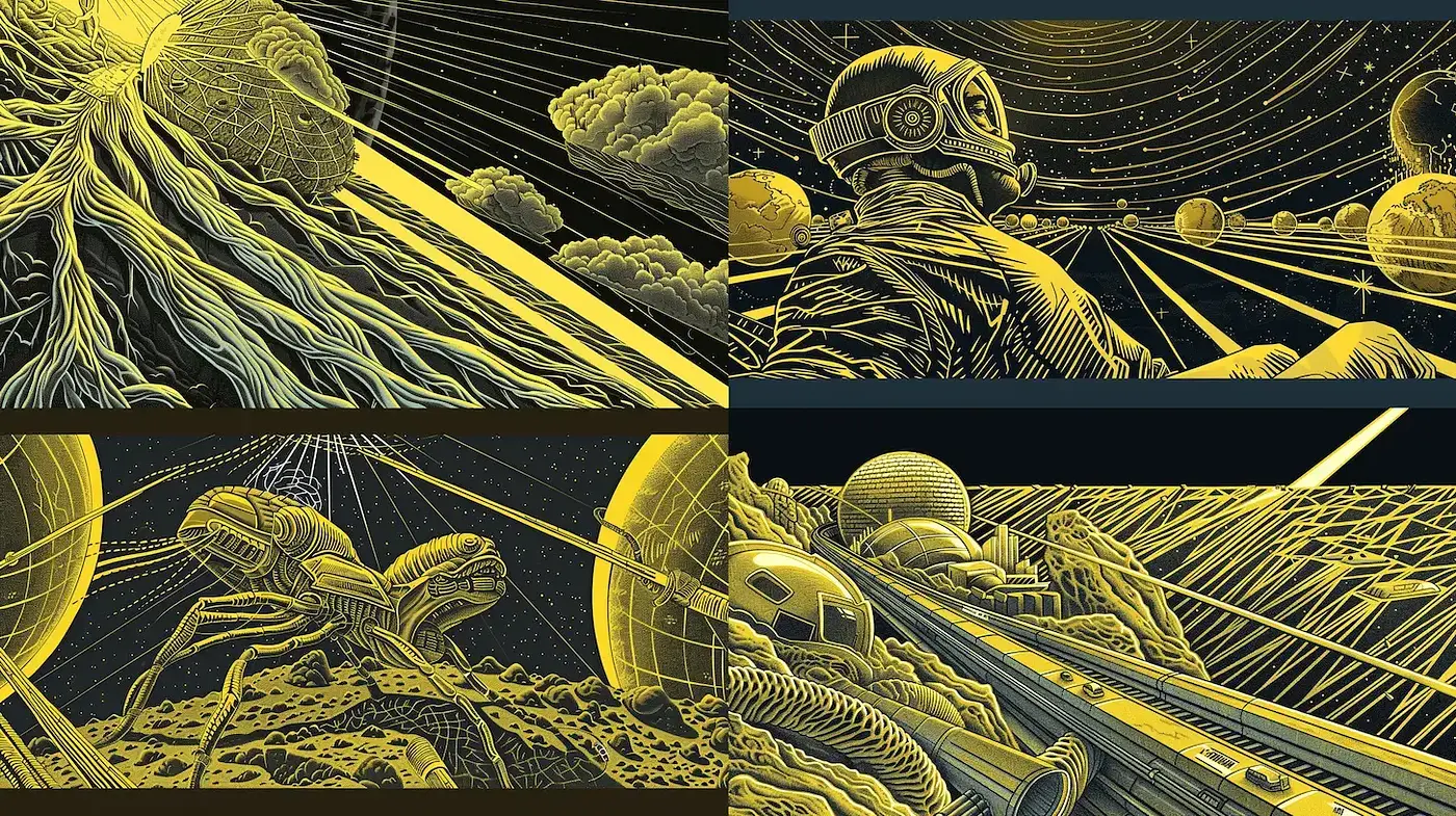 Sublime space-themed art with surrealist influences and a vibrant monochrome palette - Midjourney sref style
