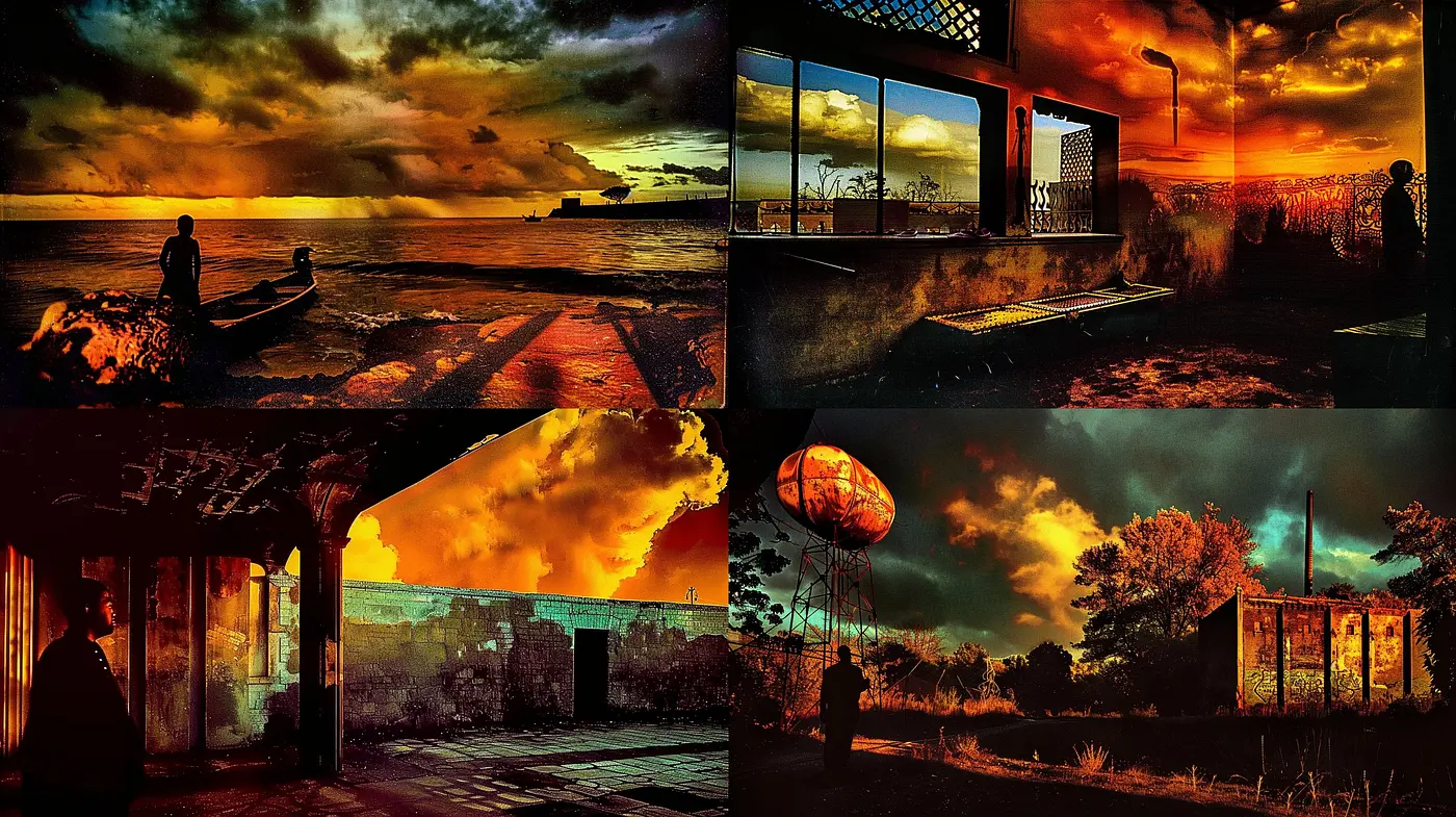 Twilight Hues and Shadows: A Consistent Melancholic Mood Across Varied Scenes - Midjourney sref style