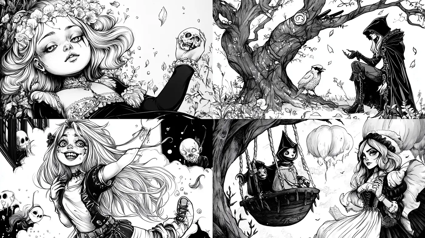 Gothic Whimsy in Monochrome: Fantasy Meets the Macabre - Midjourney sref style