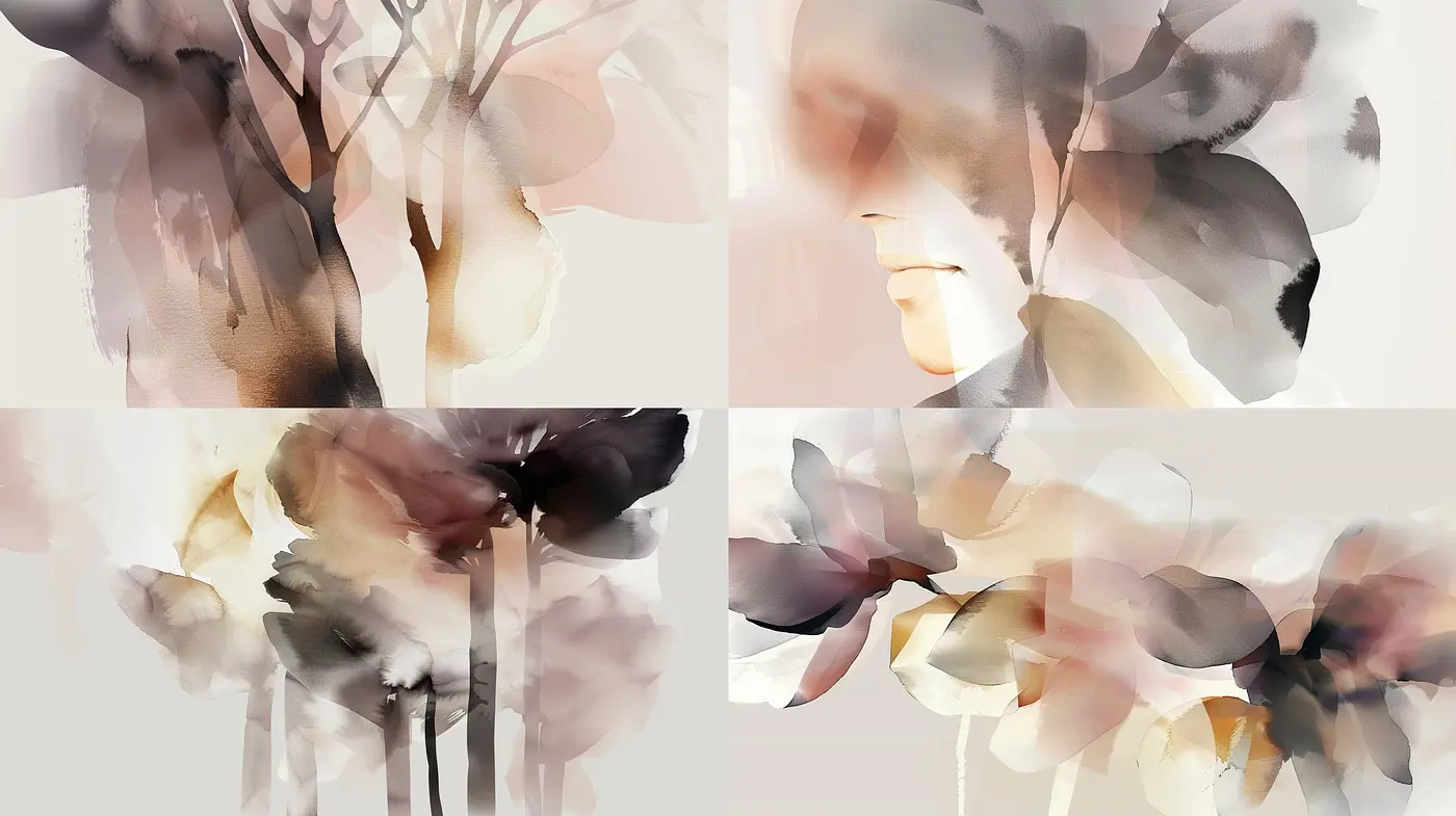 Ethereal Brushstrokes in Sepia and Blush: A Consistent Artistic Identity Across Diverse Forms - Midjourney sref style