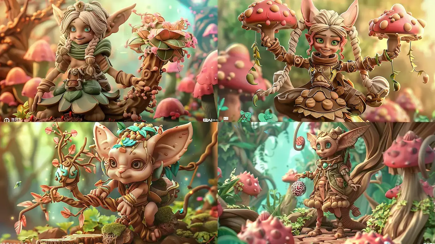 Whimsical and Enchanting Fantasy Characters in a Vibrant Forest Setting - Midjourney sref style