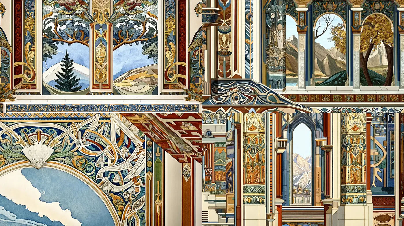 Eloquent Mural Tales: Fusion of Art Nouveau and Precisionist Sensibilities - Midjourney sref style