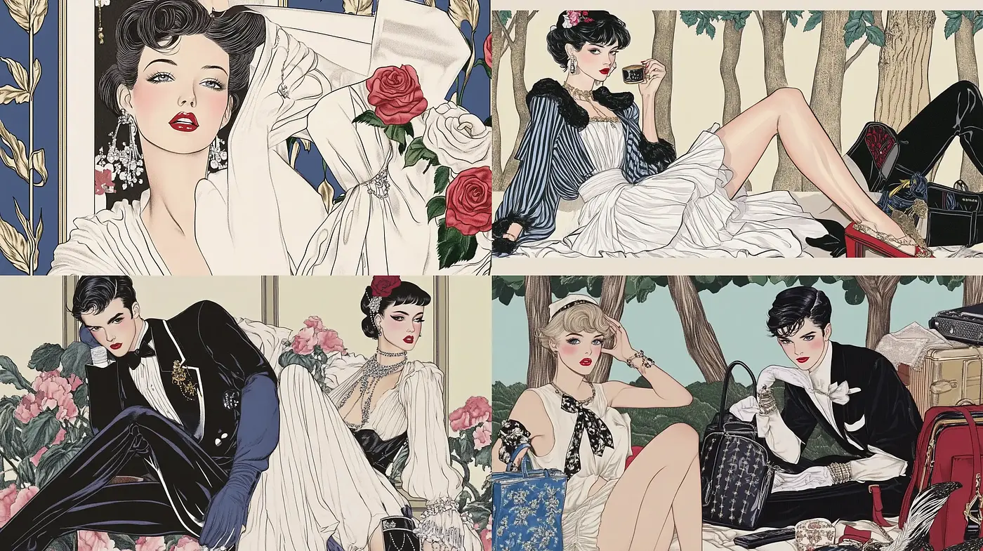 Elegant Retro Fashion Illustrations with a Contemporary Twist - Midjourney sref style