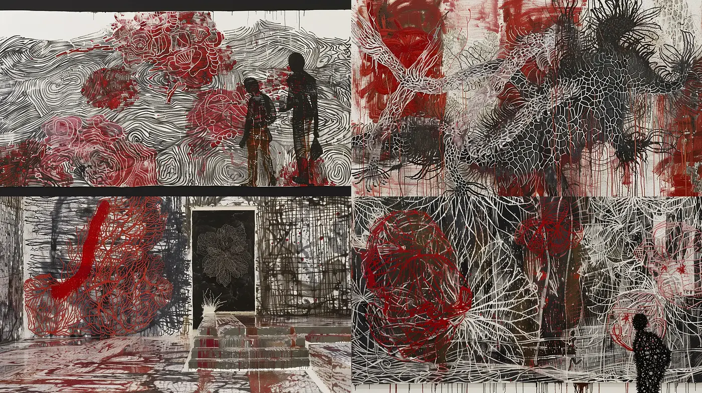 Intricate Entanglement of Crimson and Charcoal - Midjourney sref style