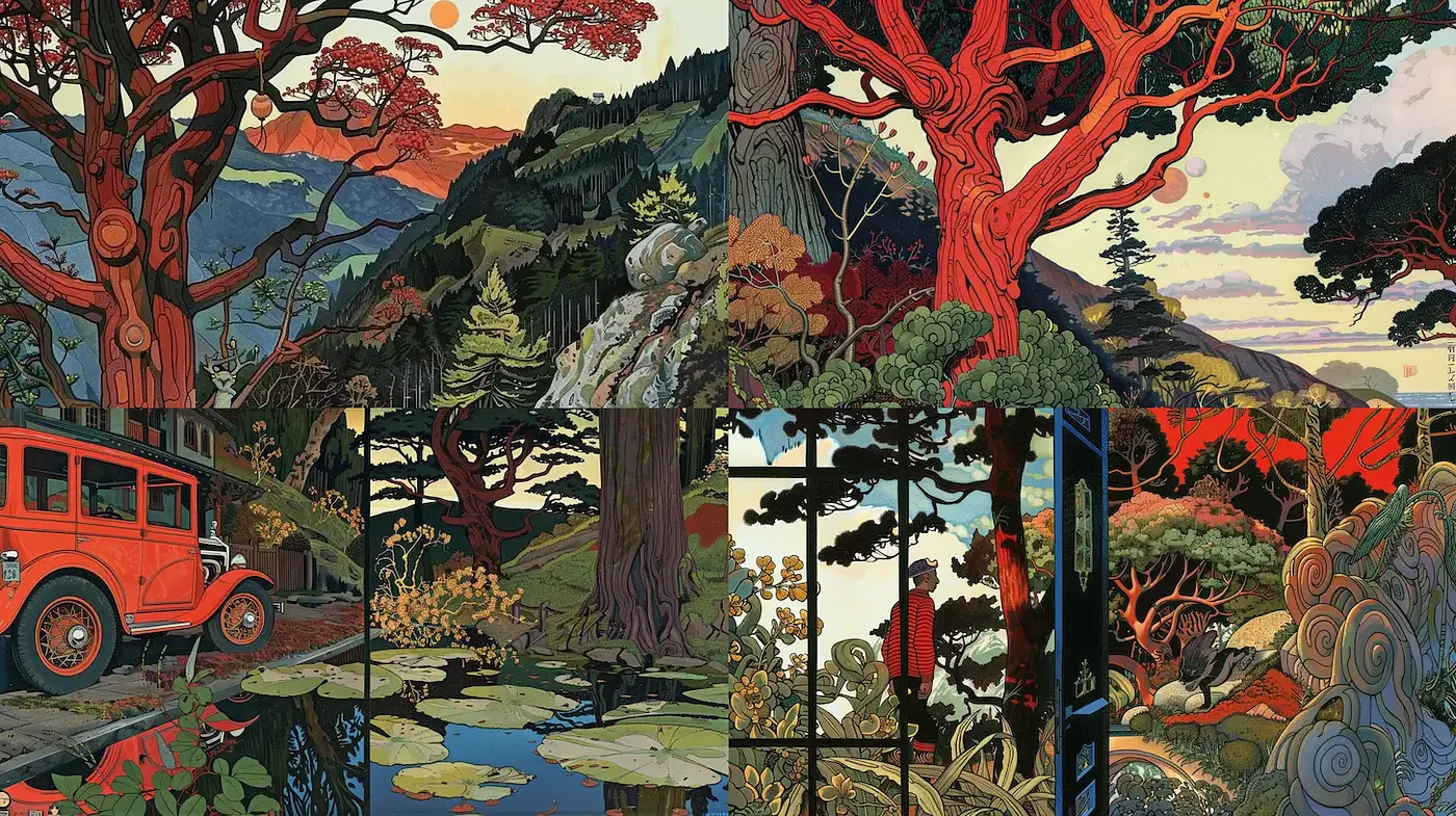 Vibrant, Nature-centric Illustrations Inspired by Art Nouveau and Contemporary Styles - Midjourney sref style