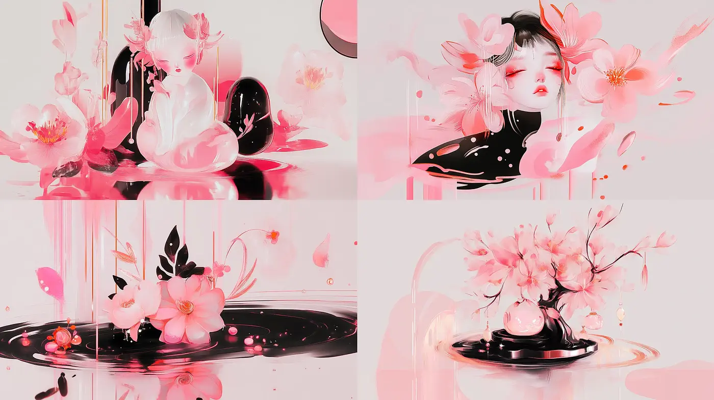 Ephemeral Blossom Elegance in Pink and Black - Midjourney sref style