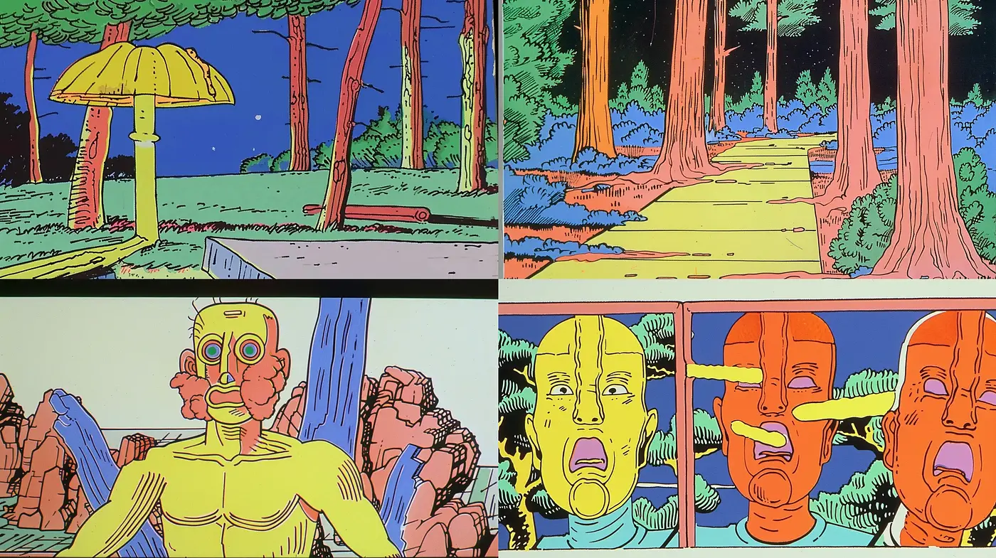 Retro Comic Book Panache with Vivid Colors and Bold Outlining - Midjourney sref style