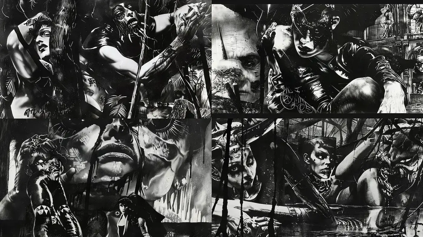 Dynamic and Bold Black and White Artistic Representation - Midjourney sref style