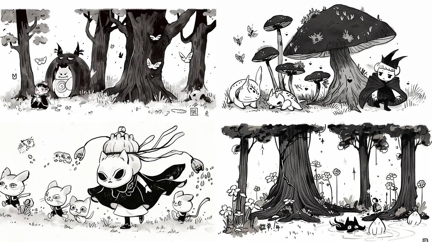 Whimsical Monochrome Fantasy: An Exploration of Consistent Stylistic Themes in Seed-Based Image Generation - Midjourney sref style