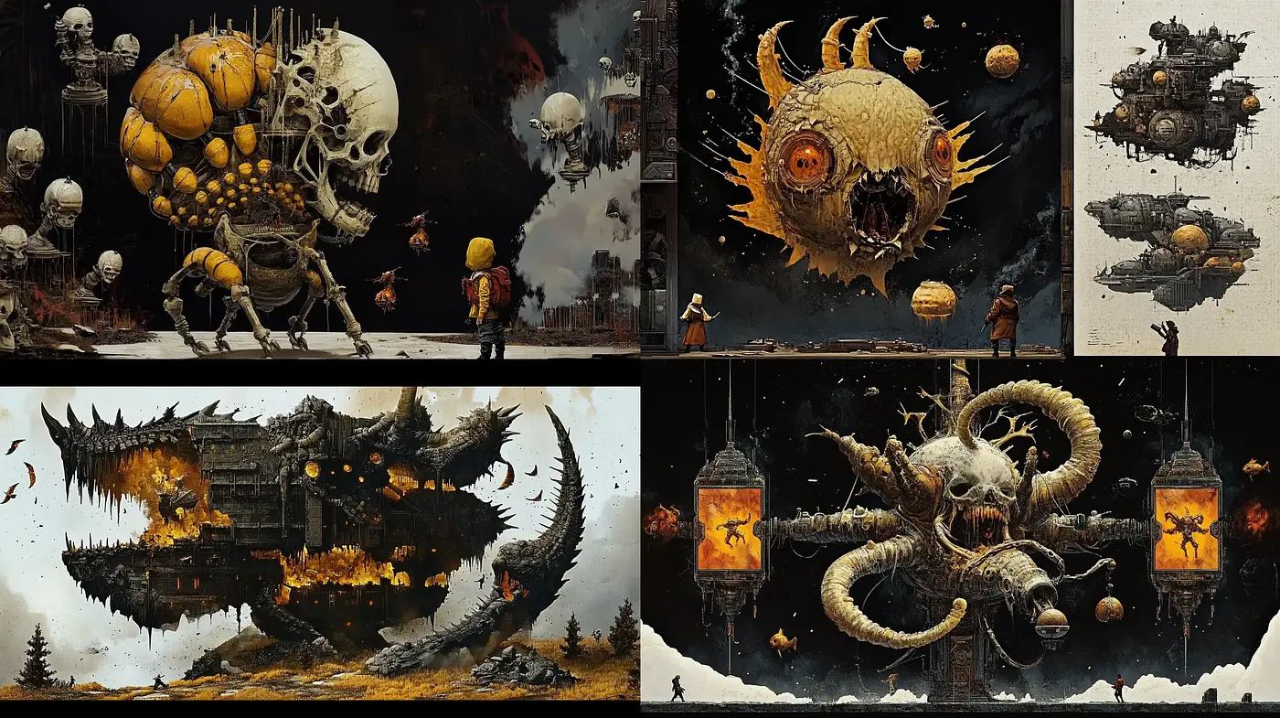 Sombre Fantasia: Evoking Dark Surrealism with a Steampunk Twist - Midjourney sref style