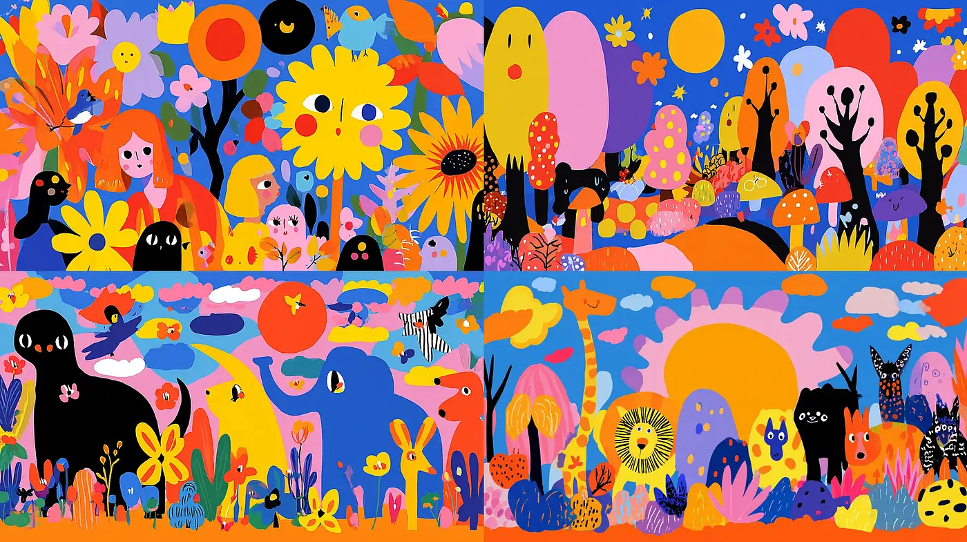 Vibrant and whimsical illustration with playful elements - Midjourney sref style