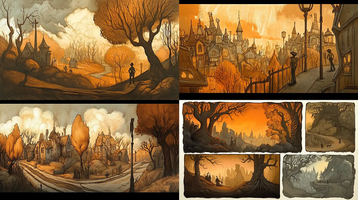 Amber Hues of Twilight Townscapes - Midjourney sref style