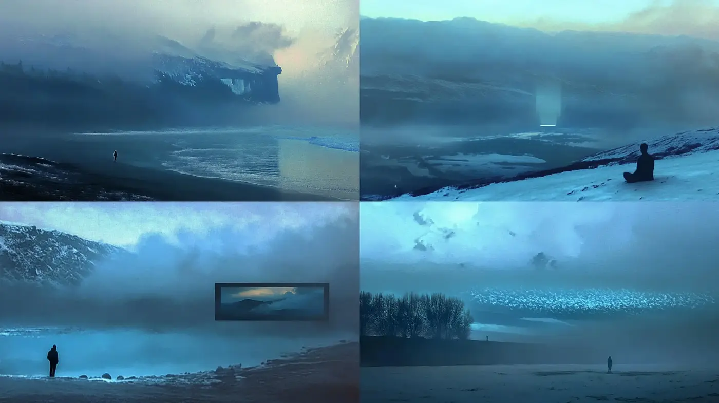Ethereal Blue Landscapes: A Glimpse into Serenity - Midjourney sref style