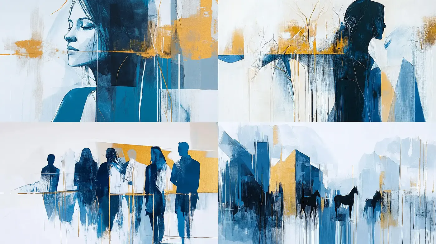 Abstracted Harmony in Blue and Ochre: A Confluence of Somber Melancholy and Rustic Moods - Midjourney sref style