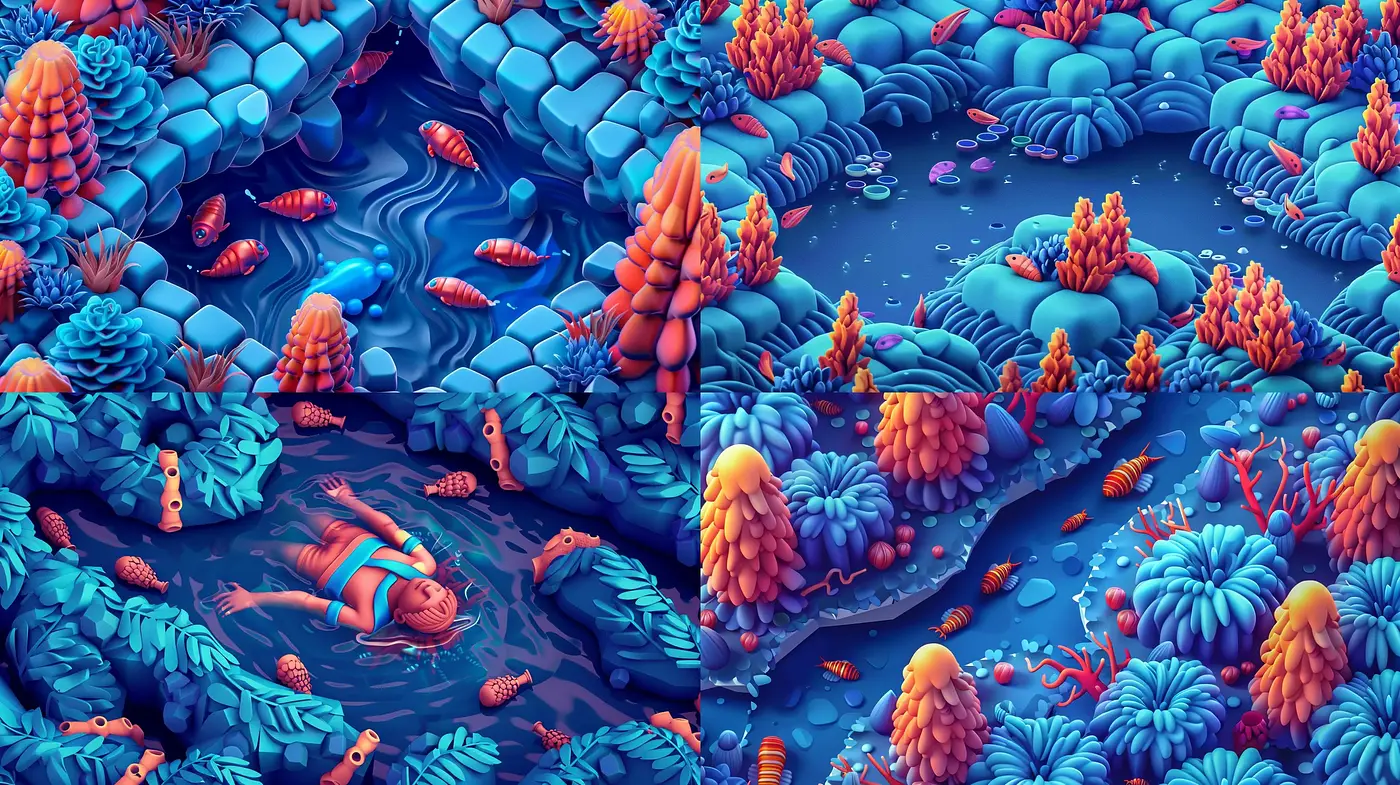 Surreal Aquatic Dreamscape with a Luminous Neon Palette - Midjourney sref style