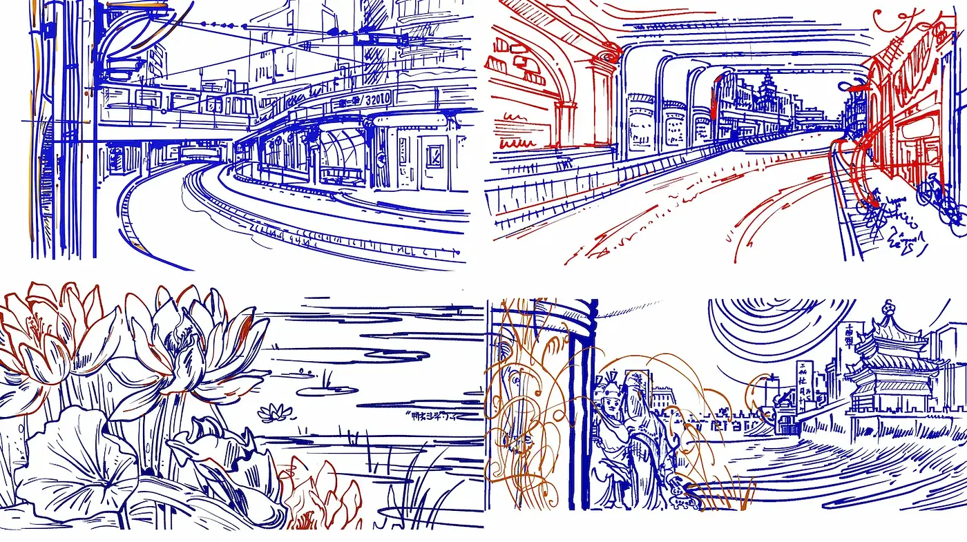 Dynamic Line Art with Emphasis on Nature and Urban Landscapes - Midjourney sref style