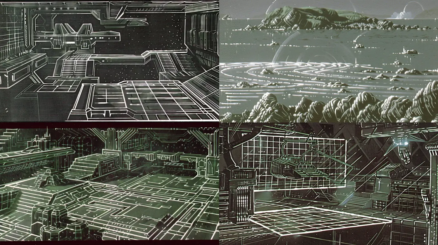 Monochromatic Cybernetic Dreamscape: A Fusion of Sci-Fi Line Art and Dystopian Aesthetics - Midjourney sref style