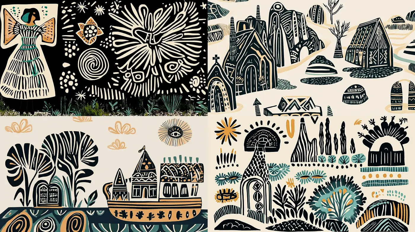 Folk Art Fusion with Contemporary Graphic Illustration - Midjourney sref style