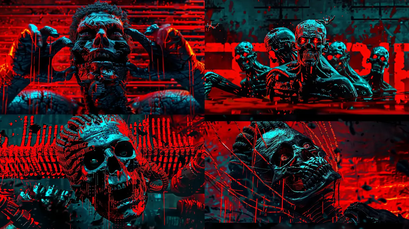 Cybernetic Dystopia: A Fusion of High-contrast Cyberpunk and Horror Elements - Midjourney sref style
