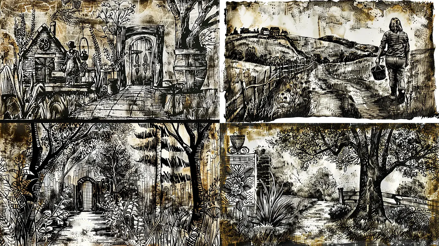 Monochromatic Rustic Etchings with a Naturalistic Essence - Midjourney sref style