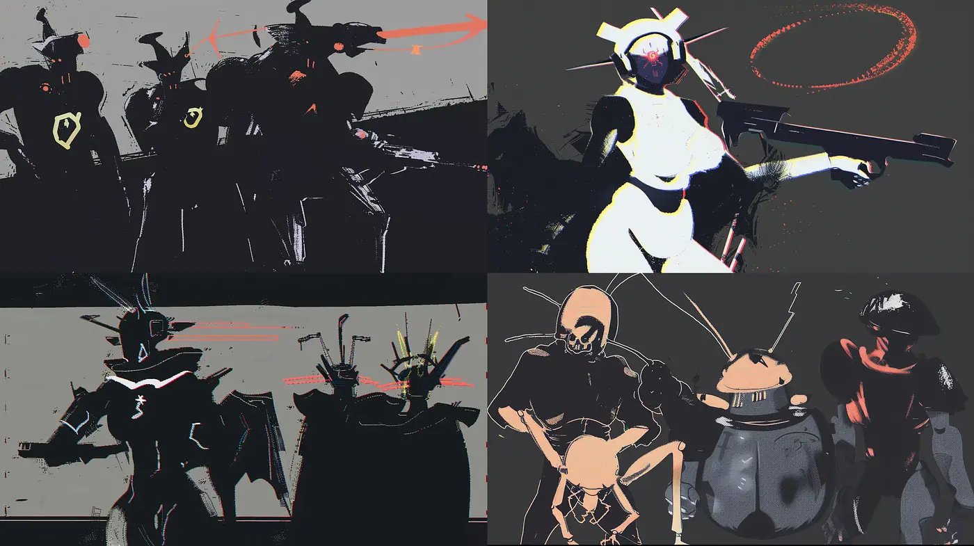 Futuristic Dystopian Splash Art in Monochrome Hues with Vivid Accents - Midjourney sref style