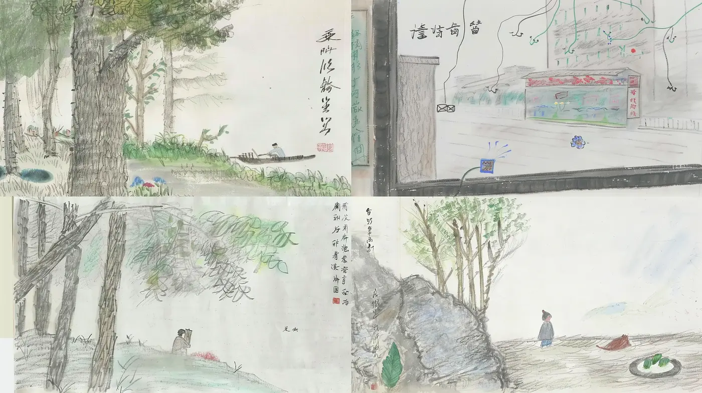 Tranquil East Asian Inspired Watercolor Vignettes - Midjourney sref style