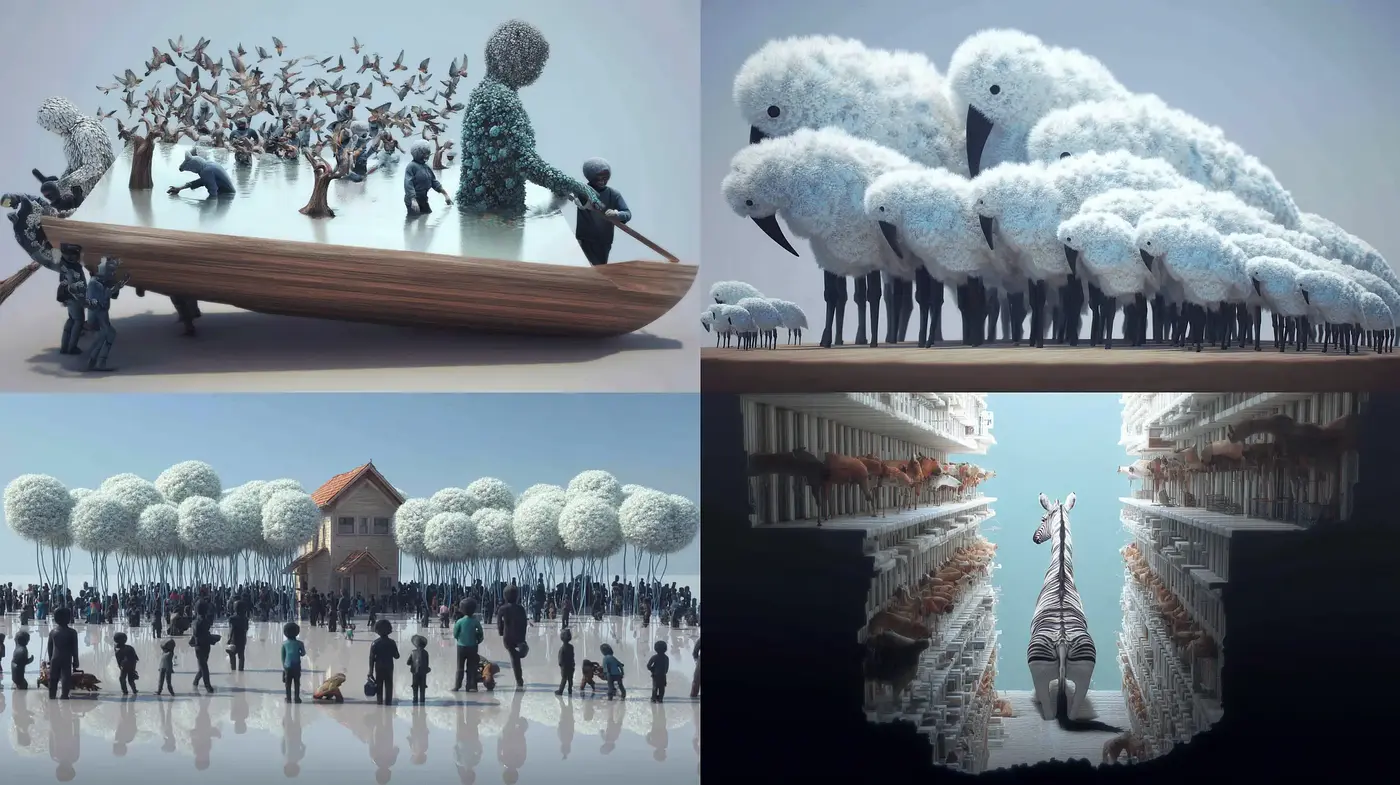 Whimsical and Thought-Provoking Surreal Landscapes with Unified Stylistic Elements - Midjourney sref style