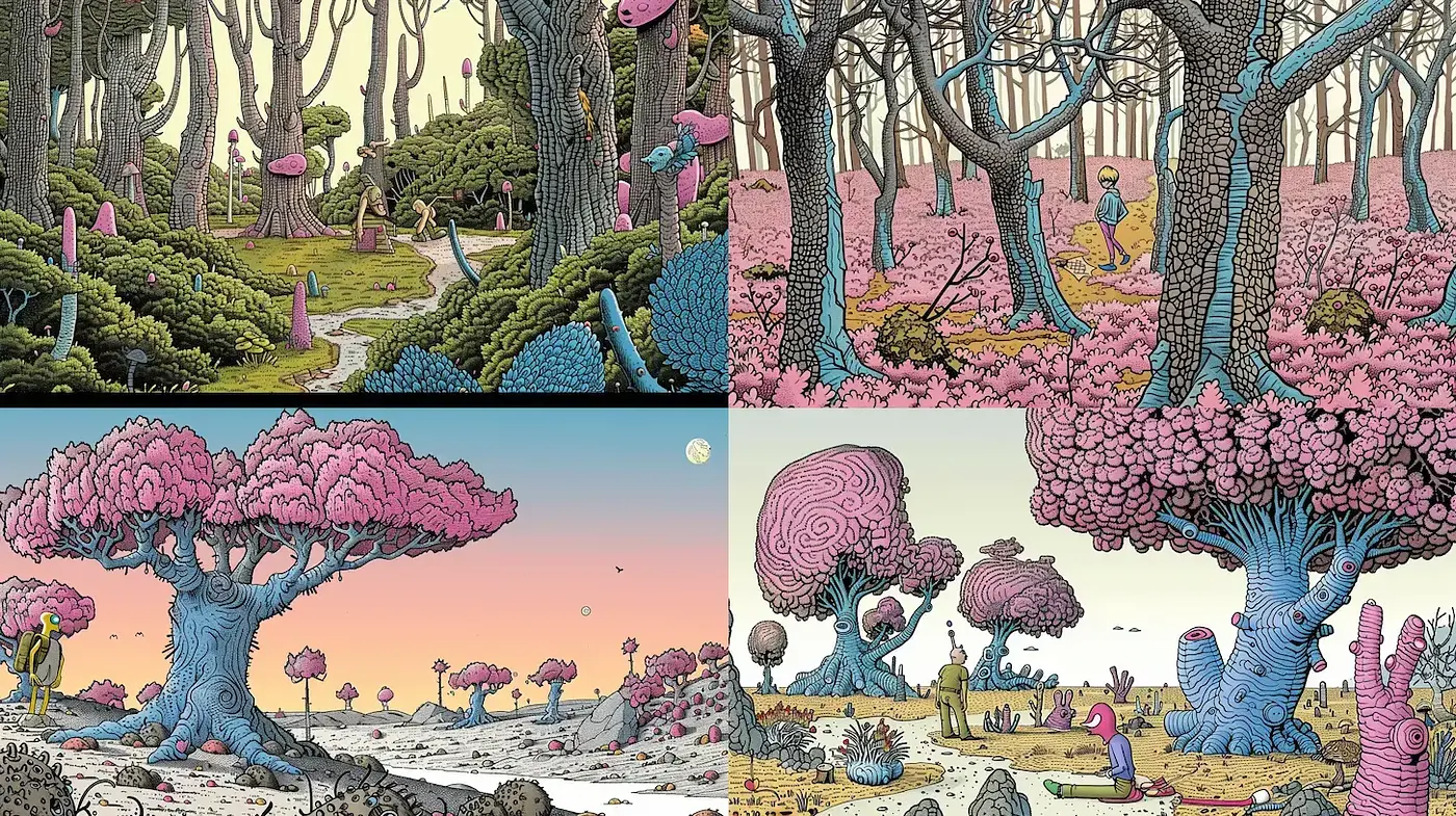 Surreal and Whimsical Landscapes with Organic Forms and Vibrant Details - Midjourney sref style