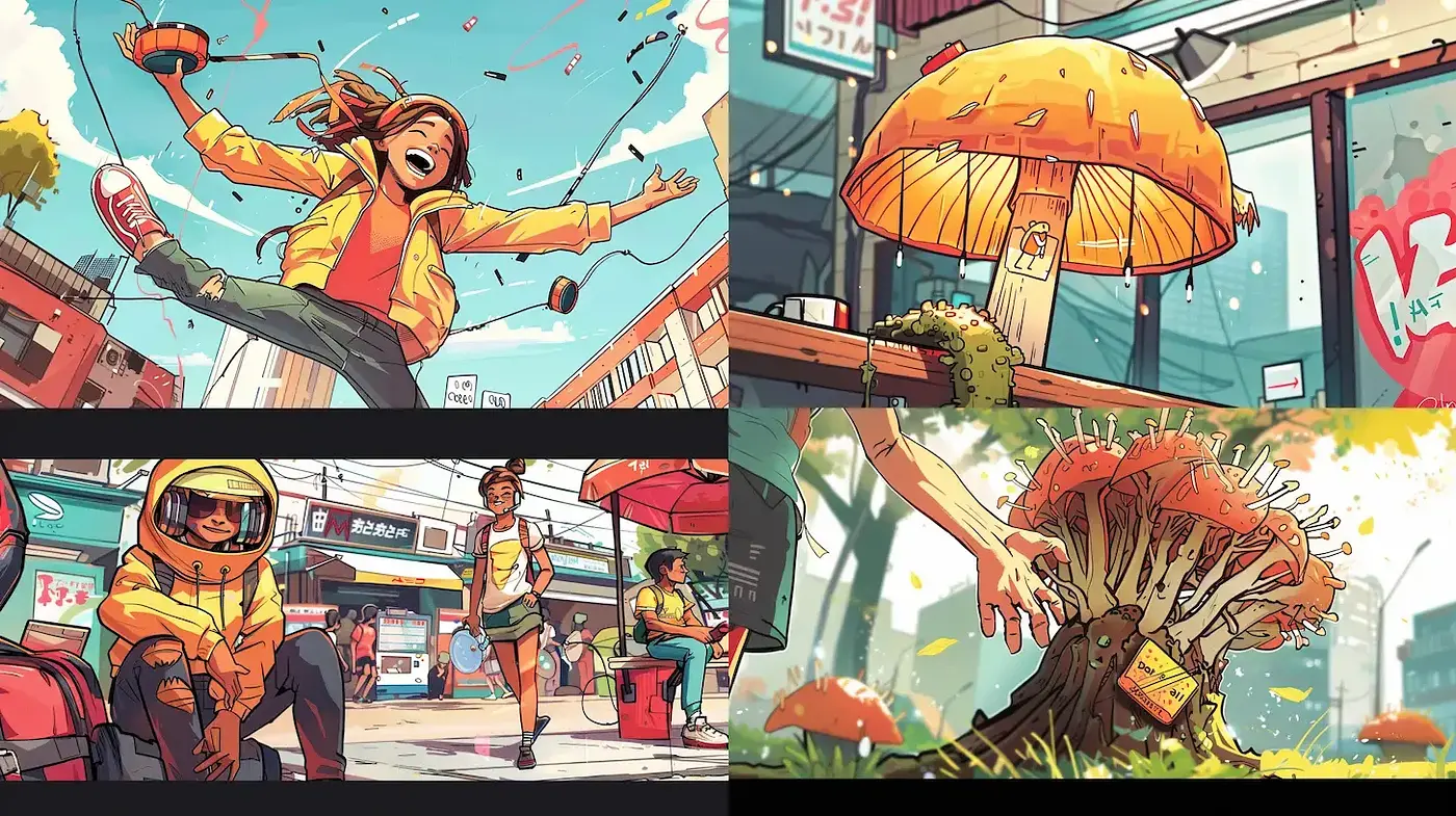 Vibrant Urban Fantasy with Whimsical Elements and a Playful Atmosphere - Midjourney sref style