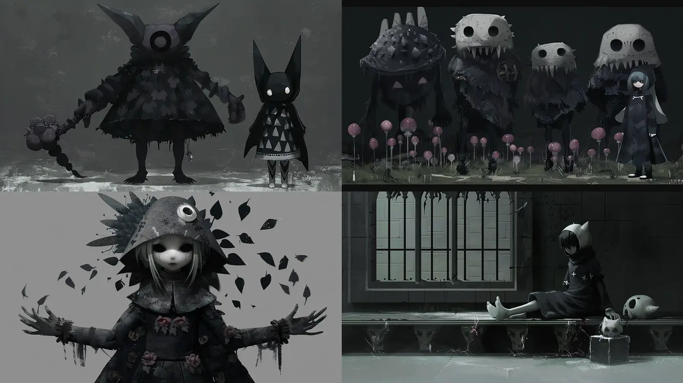 Monochrome Whimsy: Dark Fantasy with a Tim Burton-esque Aesthetic - Midjourney sref style