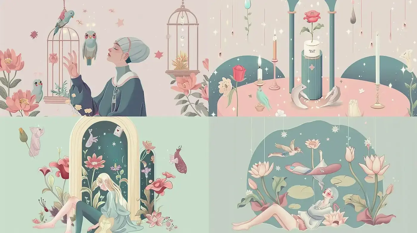 Whimsical Illustrative Style with Floral and Ethereal Elements - Midjourney sref style