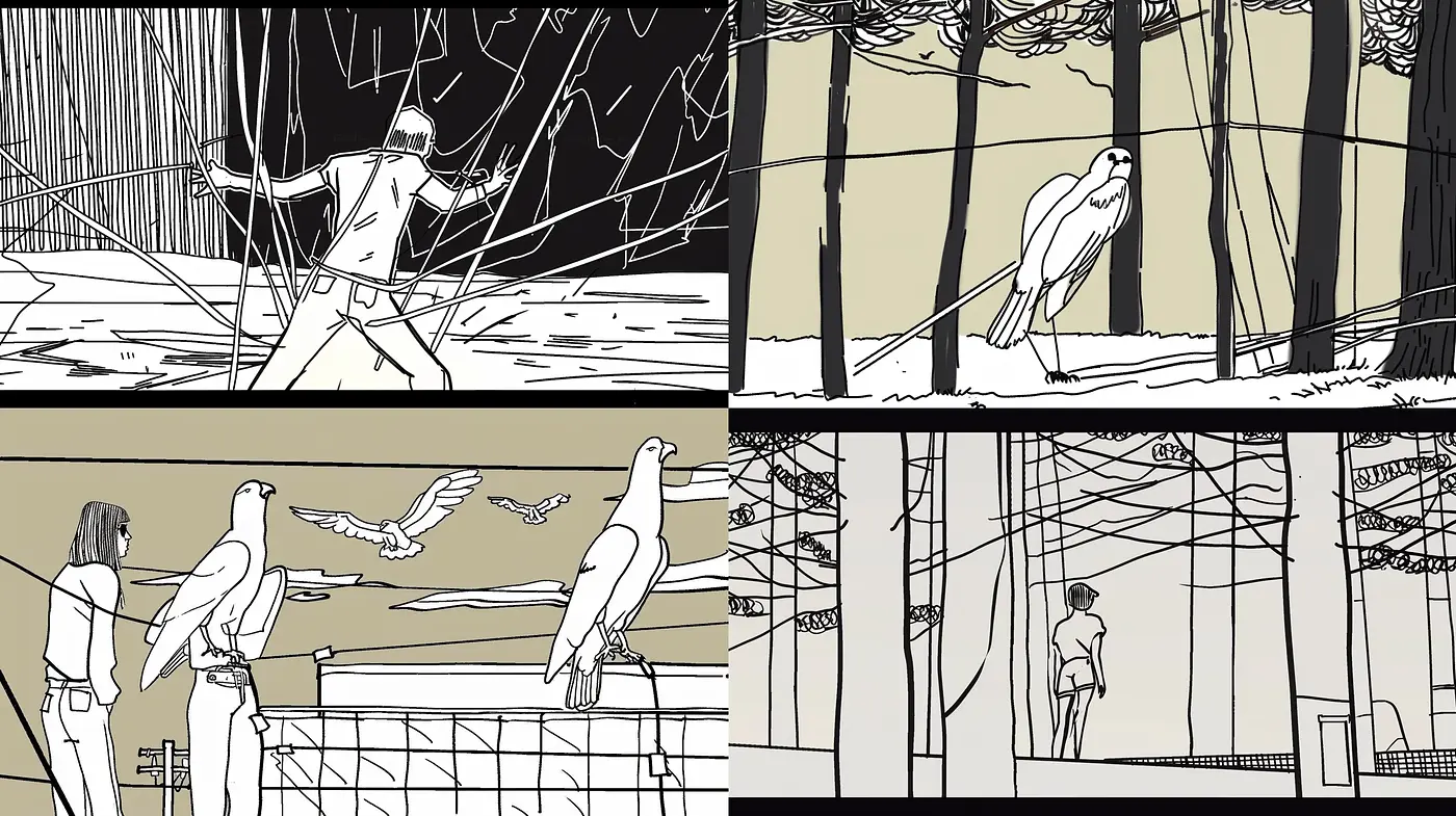 Monochromatic Storyboards with a Dash of Vintage - Midjourney sref style