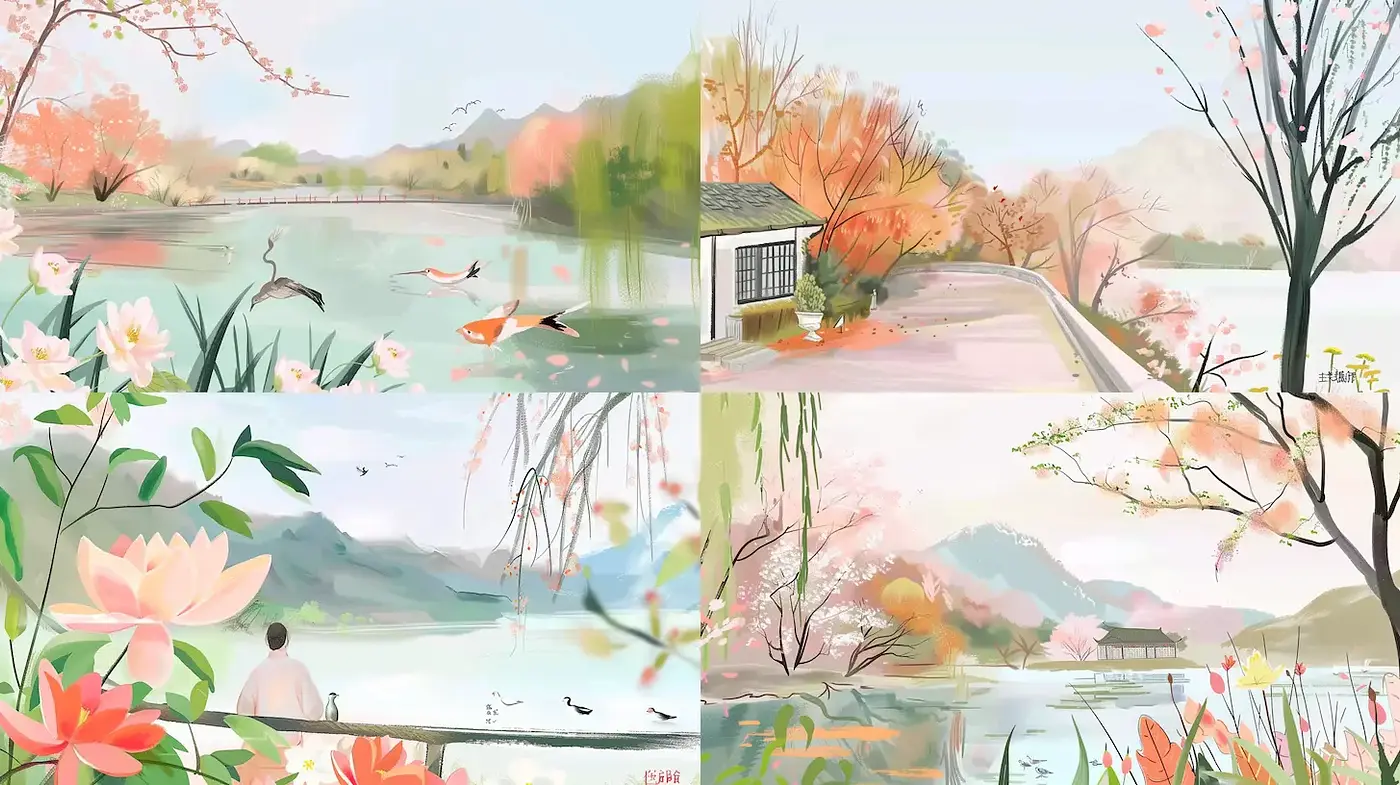 Tranquil and Serene Landscape with Floral Elements - Midjourney sref style