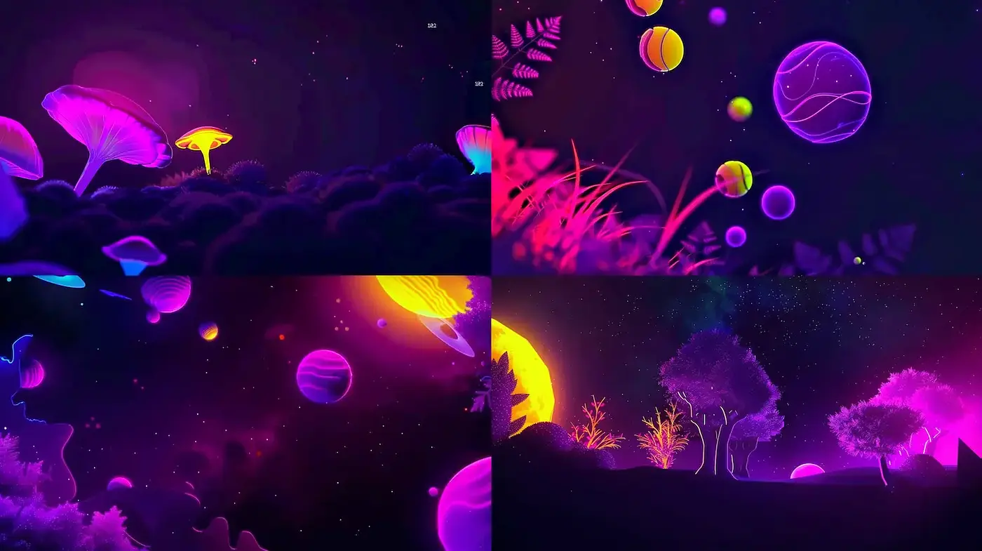 Surreal Neon Dreamscape with Cosmic Elements - Midjourney sref style