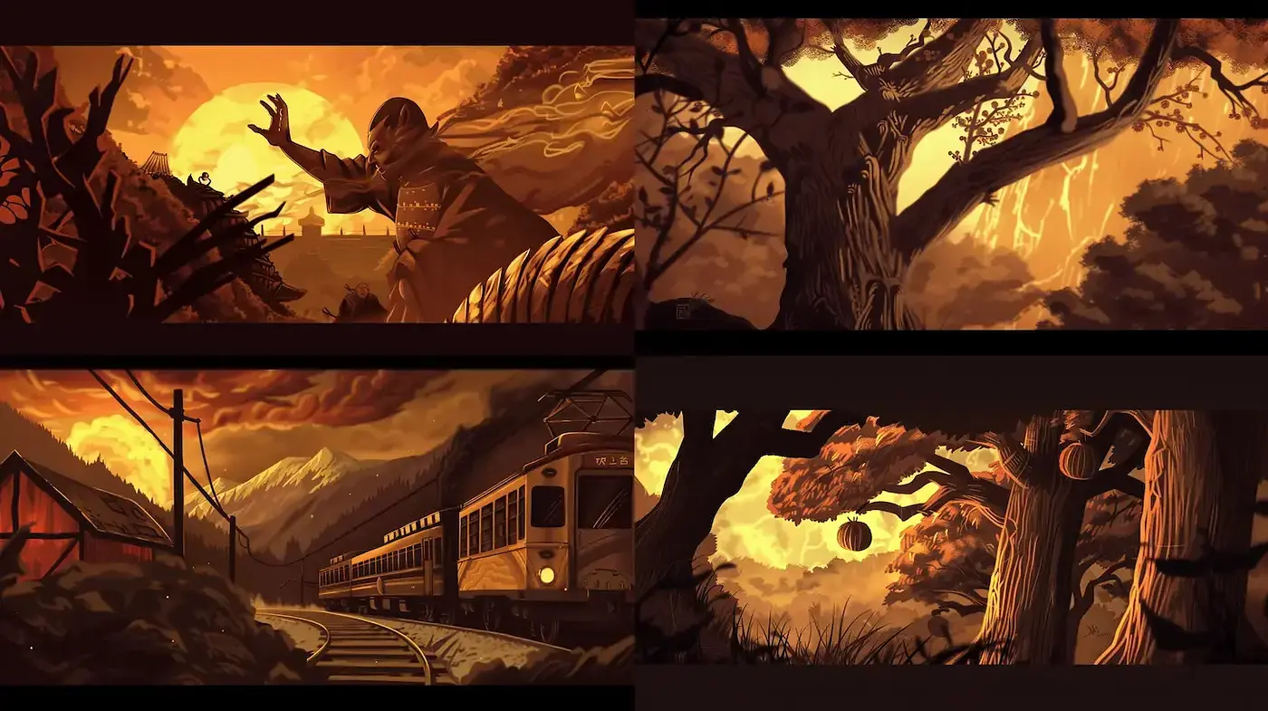 Twilight Silhouette Panorama in Monochromatic Amber - Midjourney sref style