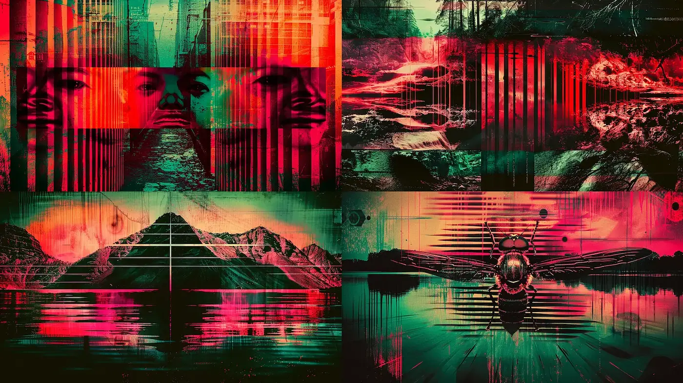 Dynamic and vivid modern art with surreal undertones featuring organic and geometric elements - Midjourney sref style