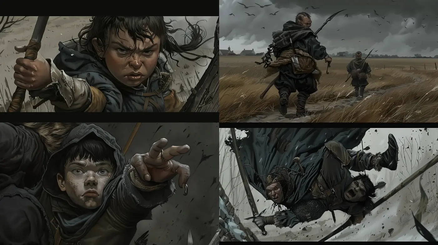 Gritty Epic Saga Illustrations with Dynamic Movement - Midjourney sref style