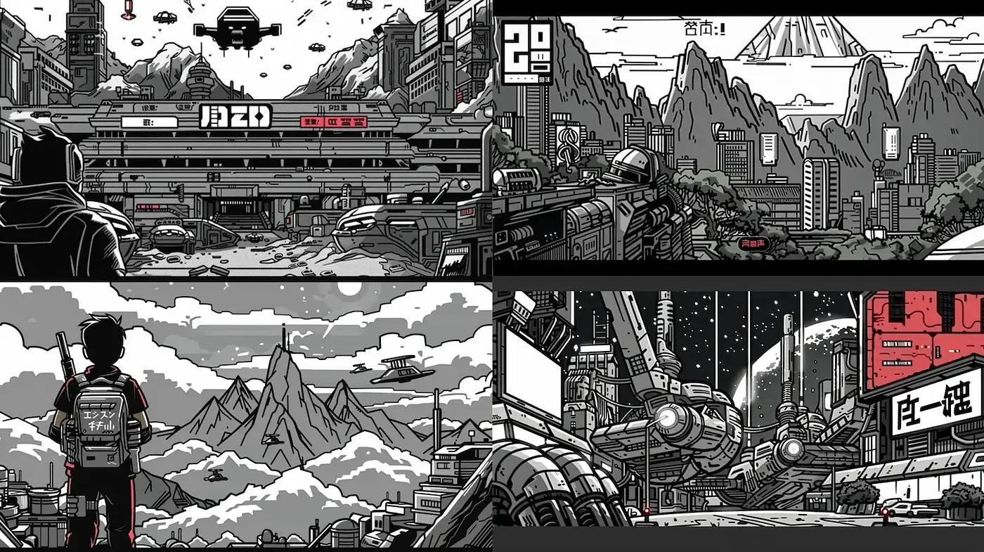 Futuristic Noir with a Retro Aesthetic in Graphic Novel Style - Midjourney sref style