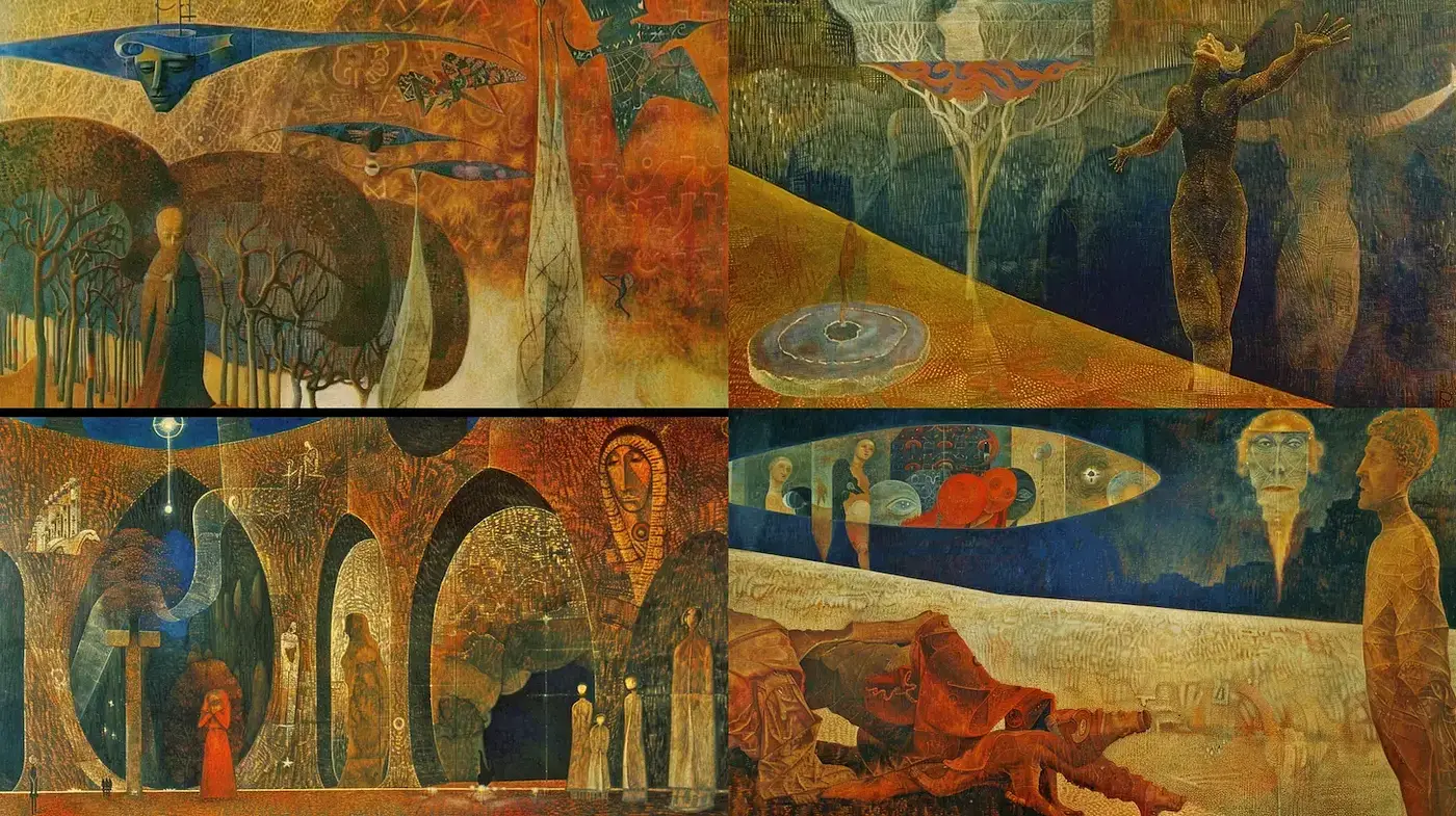 Surrealist Fantasy Landscape with Warm Tones and Dreamlike Figures - Midjourney sref style