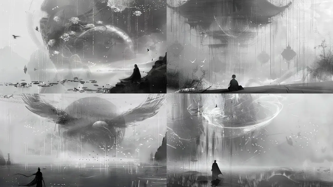 Ethereal Monochrome Dreamscapes: An Homage to Surrealist Fantasy - Midjourney sref style