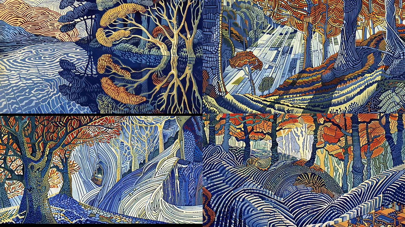 Enchanted Weaves of Nature: A Harmonious Dance of Line and Color - Midjourney sref style